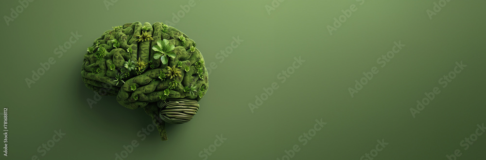 A conceptual eco-brain, depicting a human brain made from lush greenery, symbolizing nature-inspired thinking. Banner. Copy space. A conceptual eco-brain, depicting a human brain made from lush greenery, symbolizing nature-inspired thinking. Banner. Copy space.