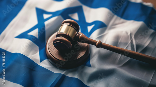 A wooden judges hammer resting on an Israel flag photo