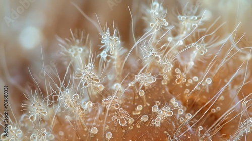 A magnified image of a human scalp showing the presence of lice and their eggs hidden a the hairs.