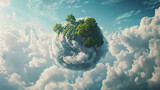 A planet Earth with trees on it, floating in the sky among clouds