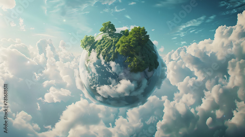 A planet Earth with trees on it, floating in the sky among clouds photo