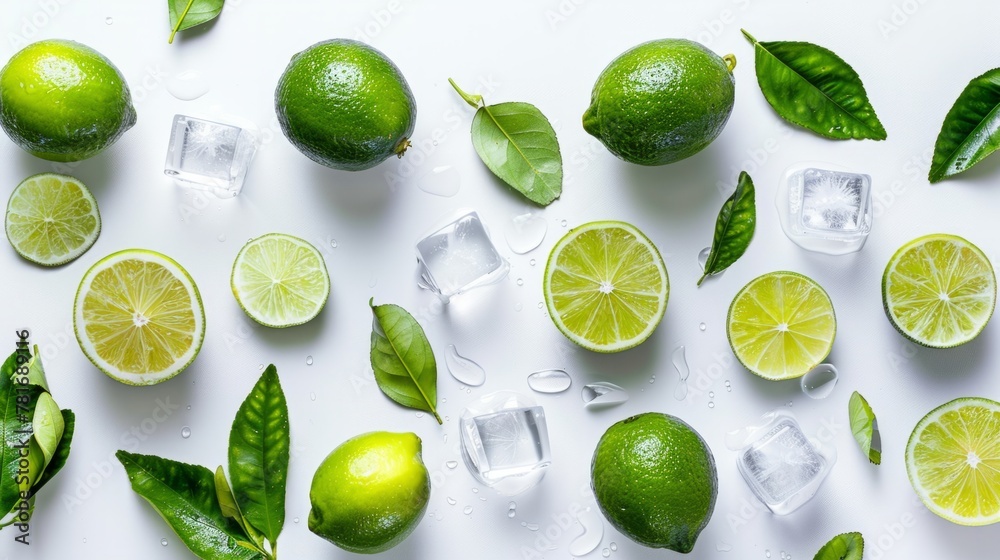 composition with fresh limes, leaves and ice cubes generative ai
