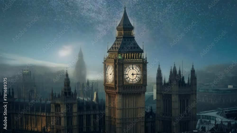 big ben at night city, seamless looping animation video background 