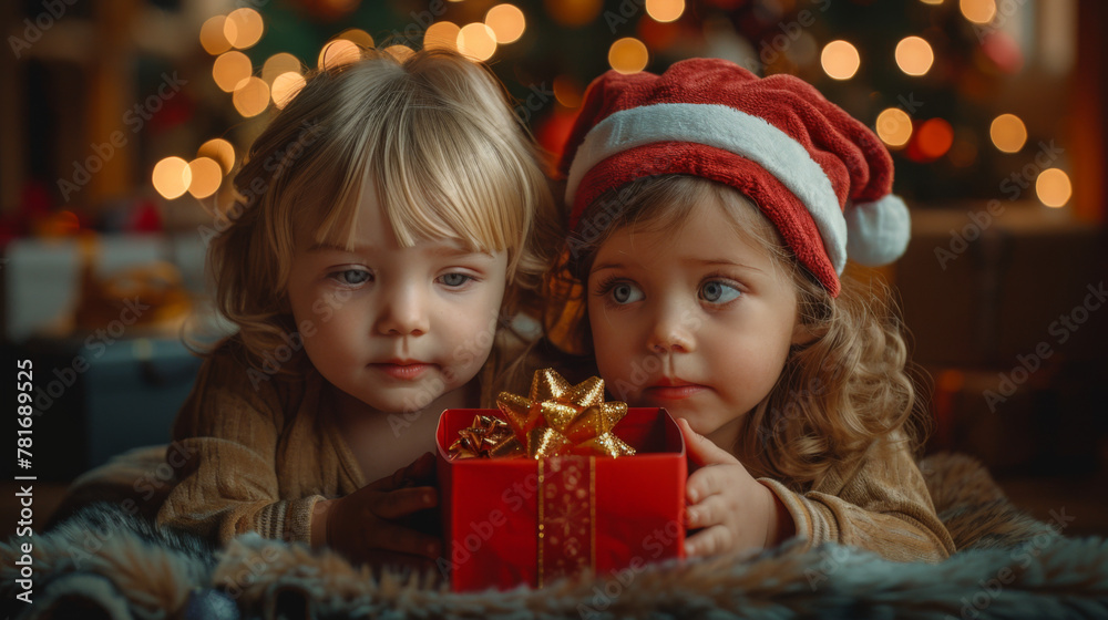 Cute little children opening gift box on color background. Cute little children opening gift box on color background.