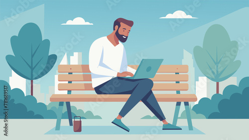 A man sitting on a park bench smiling contentedly as he flips through a dogeared paperback his laptop and tablet safely stowed away in his
