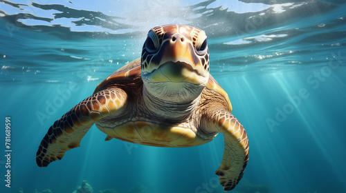 A sea turtle with a bright happy smile swimming gracefully through the ocean waters