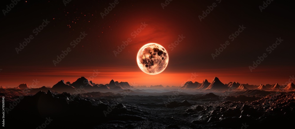 Fantasy alien planet. Mountain and sunset.
