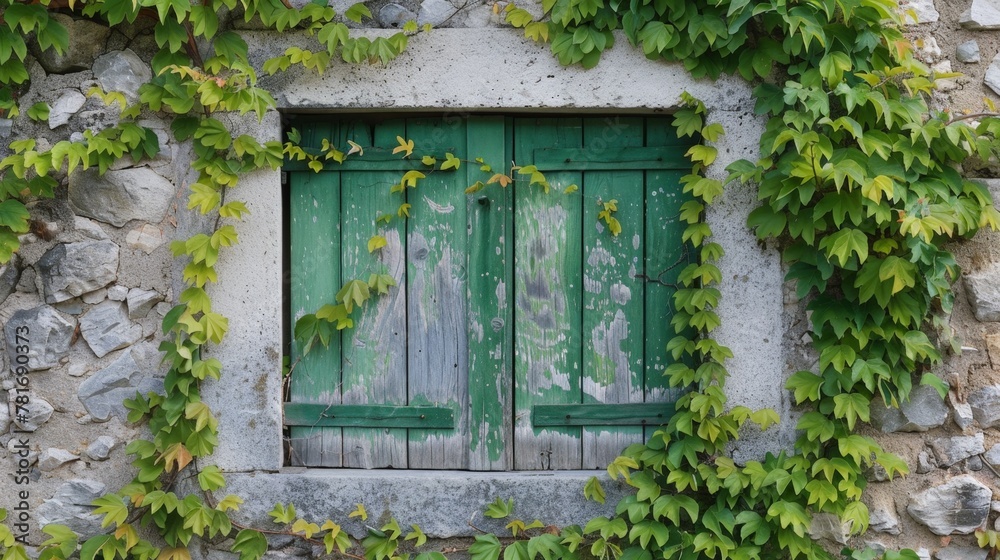 Window with green door and vines