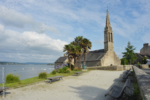 Landevennec, Bretagne, France, Notre-Dame church and cemetery, with view over the shore
