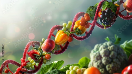 genetically modified agriculture conceptualizes fruits and vegetables as a strand of DNA generative ai