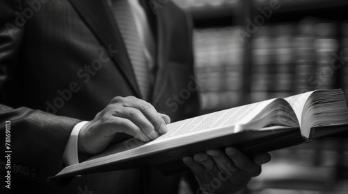 The focal point of the photo is a person in a sleek polished suit their hand resting on a thick volume of legal codes. .