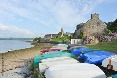 Landevennec, Bretagne, France view to the shore and the village with the church
