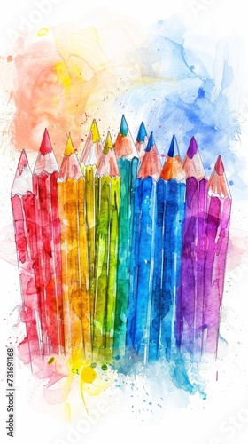 A row of colorful pencils sitting side by side, illustration, card