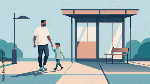 A father and son walk together hand in hand towards the bus stop where they will catch a ride to their respective destinations. The father