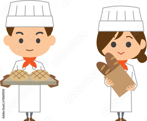パン屋で働く男性と女性のイメージイラストセット
