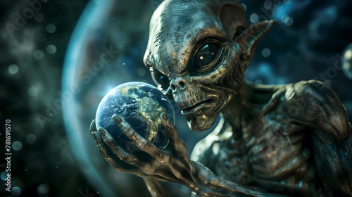 giant alien holding earth in his hands and looking at it © PixelStock