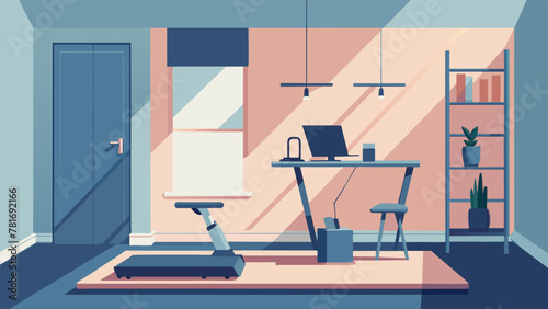 A dedicated fitness corner is seamlessly incorporated into the home office featuring a treadmill and a set of resistance bands hanging from the