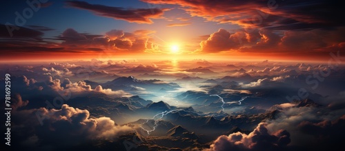 Aerial view of beautiful sunset above the clouds. photo