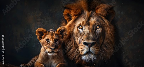 Portrait of a male lion and young baby cub on dark background  representing the bond and love between a parent and child in the animal kingdom.