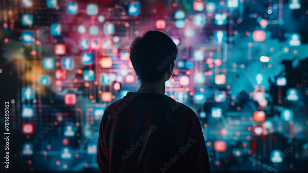 A man stands in front of an abstract background with multiple floating images and icons representing social media, marketing, or technology themes A man stands in front of an abstract background with multiple floating images and icons representing social media, marketing, or technology themes