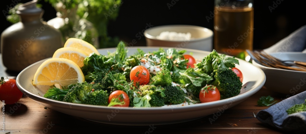 Healthy salad with kale, tomatoes and feta cheese on wooden table