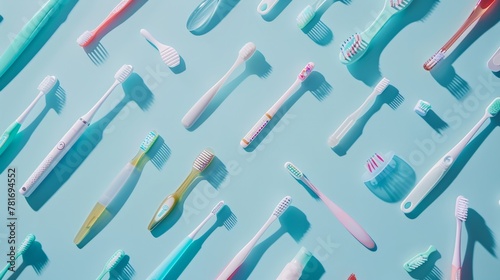 toothbrushes of different sizes and colors, on pastel color background, oral health concept generative ai