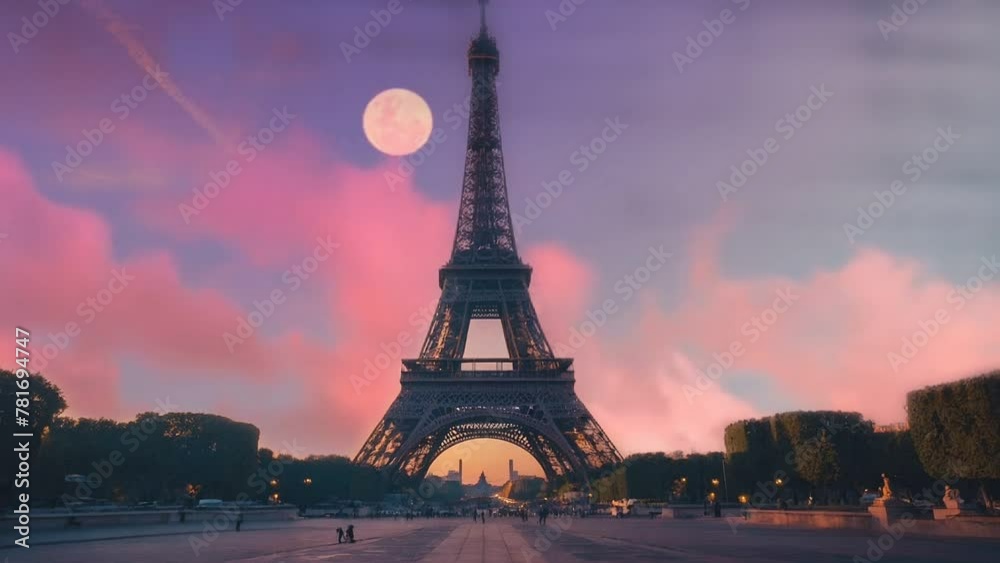 eiffel tower at night, seamless looping animation video background 