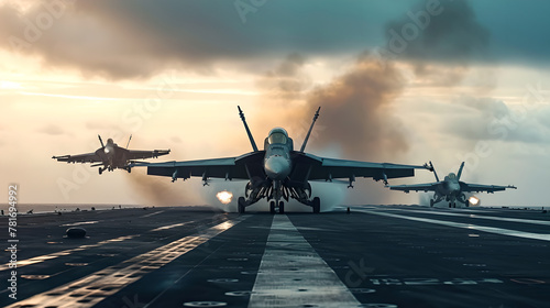 generic military aircraft carrier ship with fighter jets take off during a special operation at a warzone, sunlight , cloudy sky , panoramic view 