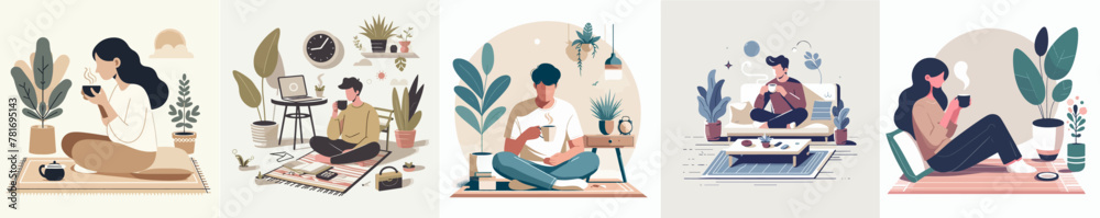 Vector set of people sitting and drinking coffee in a simple flat design style