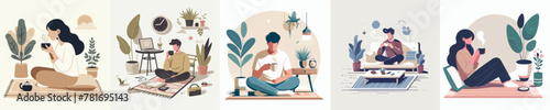 Vector set of people sitting and drinking coffee in a simple flat design style © Sabiqul Fahmi