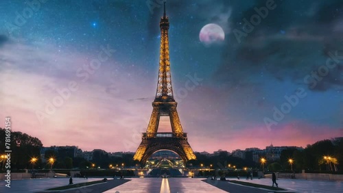 eiffel tower at night, seamless looping animation video background 