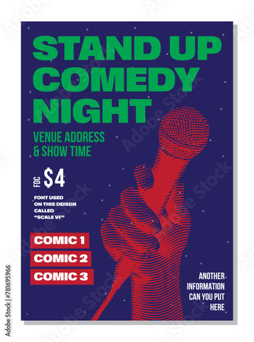 Open mic night or stand up comedy show poster or flyer or banner design template with hand holding opened microphone on navy and blue background. Vector illustration
