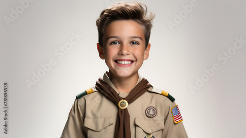 Cute boy scout on white background.