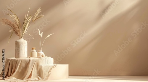 Podiums on beige background. generative ai © Francheska