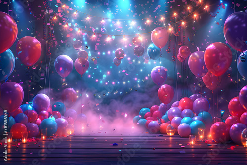 Illustration of a festive party with balloons, stage, and garlands © ELmidoi-AI