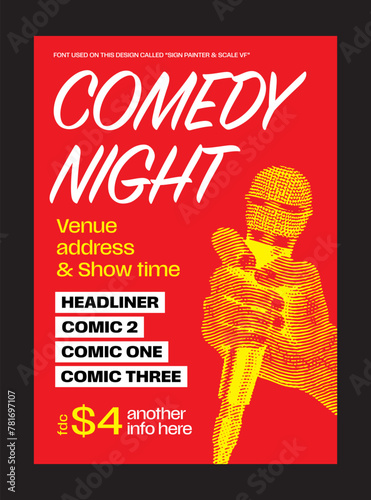 Open mic night or stand up comedy show poster or flyer or banner design template with hand holding opened microphone on red background. Vector illustration