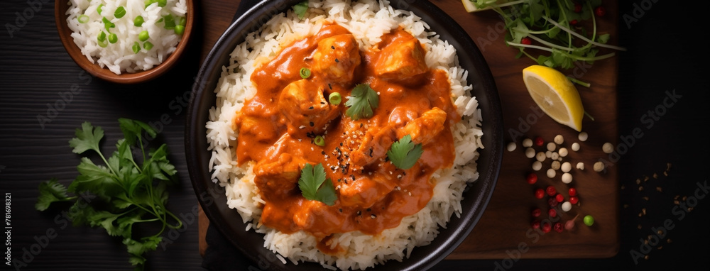 wide top view background food image, butter masala chicken and boiled white rice, Indian traditional food recipe banner image in black color table wide top view background food image, butter masala chicken and boiled white rice, Indian traditional food recipe banner image in black color table
