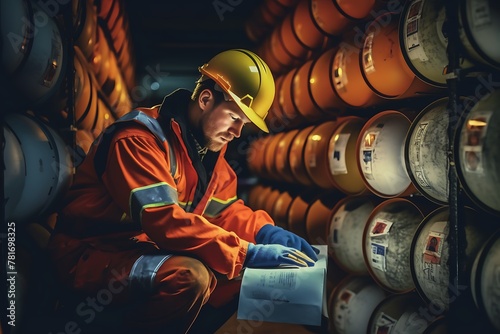 A man in a yellow helmet is looking at a piece of paper while standing in a room