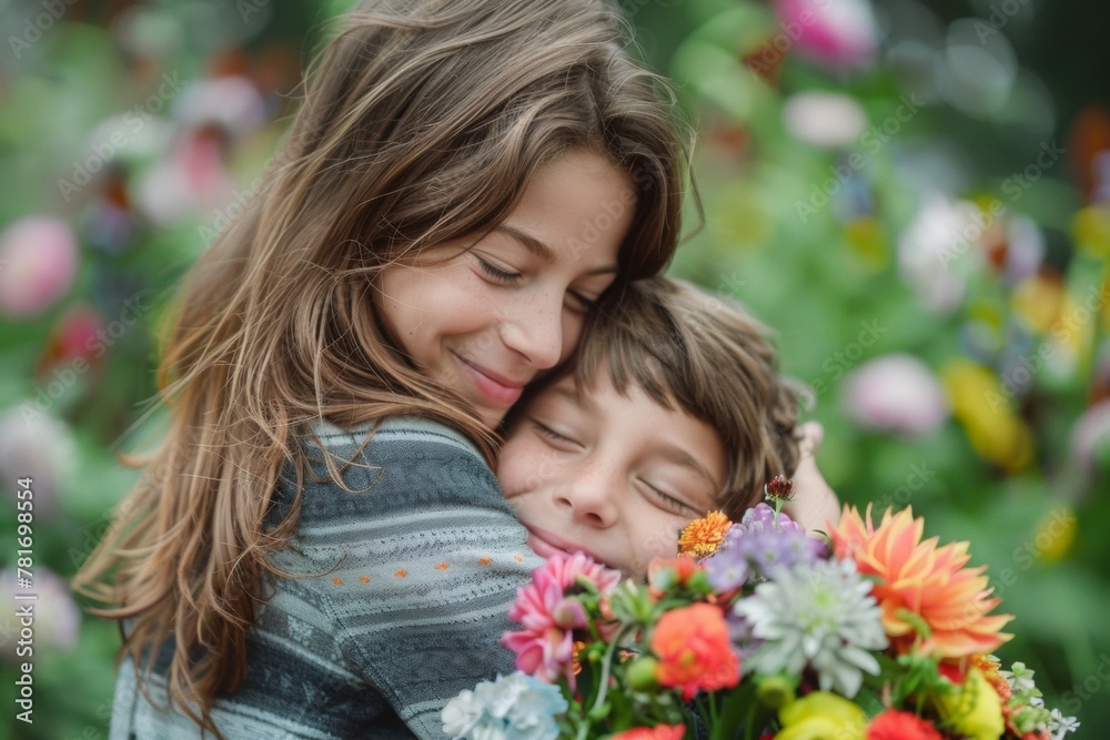 A young girl is hugging a young boy while holding a bouquet of flowers. Happy Mother's Day concept
