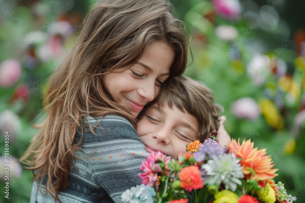 A young girl is hugging a young boy while holding a bouquet of flowers. Happy Mother's Day concept A young girl is hugging a young boy while holding a bouquet of flowers. Happy Mother's Day concept