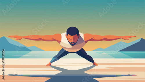 With a calm expression and unwavering focus a man balances on his hands and head in a challenging inversion pose on the beach. His surroundings