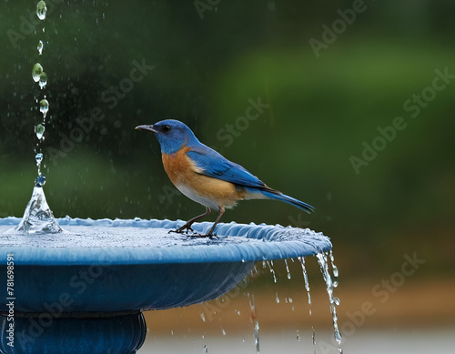 Beautiful Bird Standing on Bird Bath, Bird Flying Out of Water © ART Forge