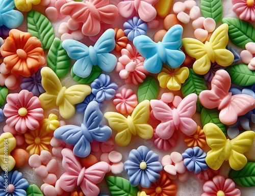 multicolored soap butterflies licorice leaves and flowers on a candy cotton background, illustration made with Generative Ai