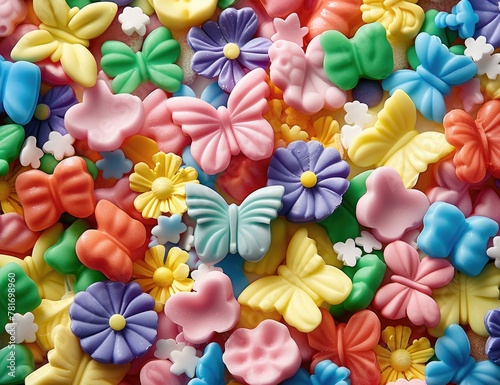 multicolored soap butterflies licorice leaves and flowers on a candy cotton background, illustration made with Generative Ai