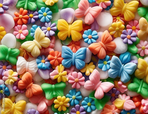 multicolored soap butterflies licorice leaves and flowers on a candy cotton background, illustration made with Generative Ai