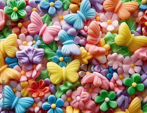 multicolored soap butterflies licorice leaves and flowers on a candy cotton background, illustration made with Generative Ai