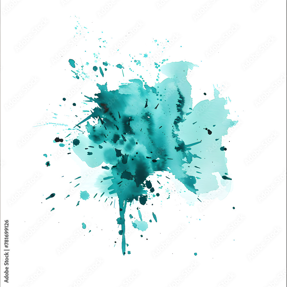 Turquoise and teal watercolor splatter design on transparent background.