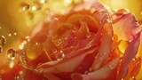 Realistic shot of close-up. Pink Damascus rose flower, many clear and transparent yellow water droplets suspended in the air, golden background. --ar 16:9 Job ID: 53f12d19-5f2f-4400-abc5-277f9fc05ac2