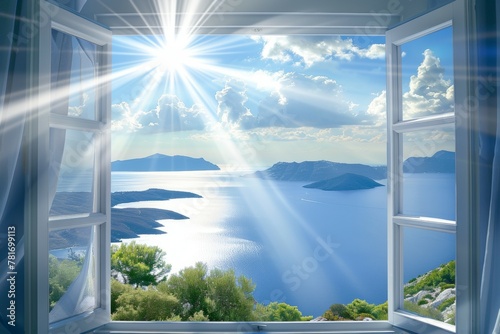 A window view of a beautiful ocean with the sun shining brightly on the water