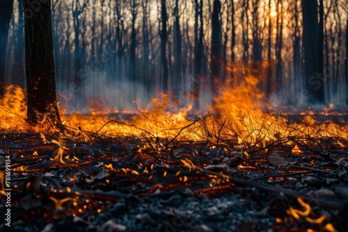 A forest fire is burning in the woods